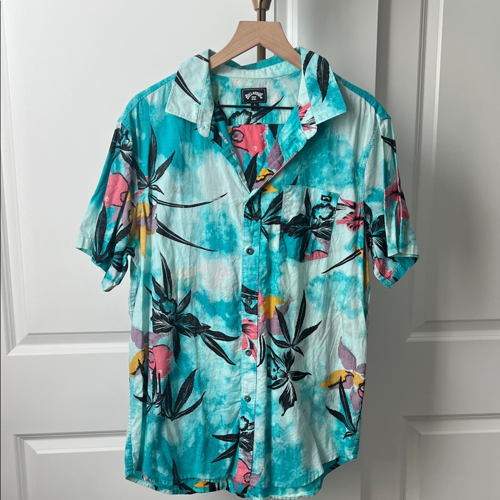 Billabong Men's Floral Print Shirt - Teal and Pink